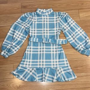 Blue and White Patterened Dress with Belt